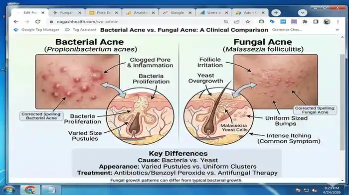 Comparison chart showing differences between Bacterial Acne (clogged pores) and Fungal Acne (yeast overgrowth) with symptoms