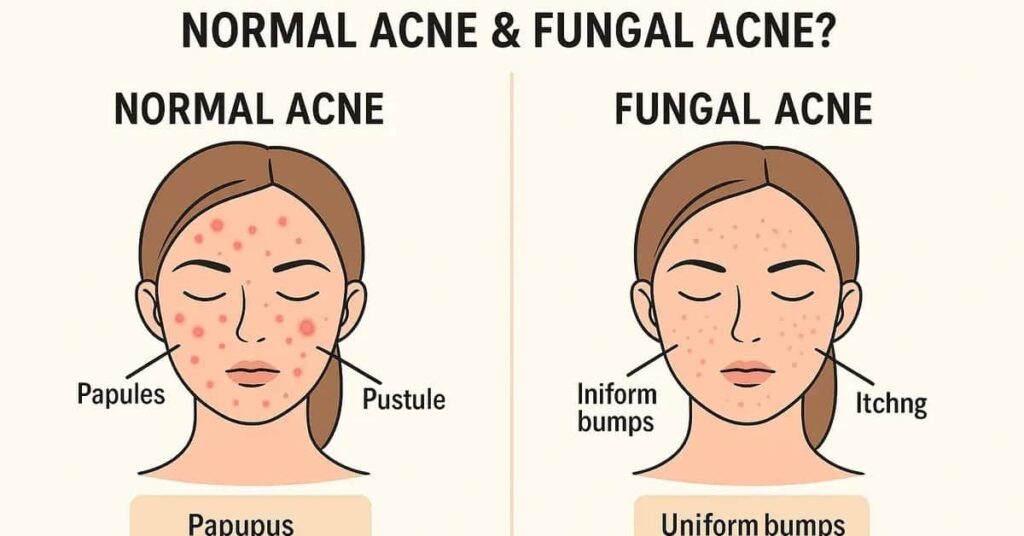 Comparison of normal acne vs fungal acne showing differences in appearance and bumps