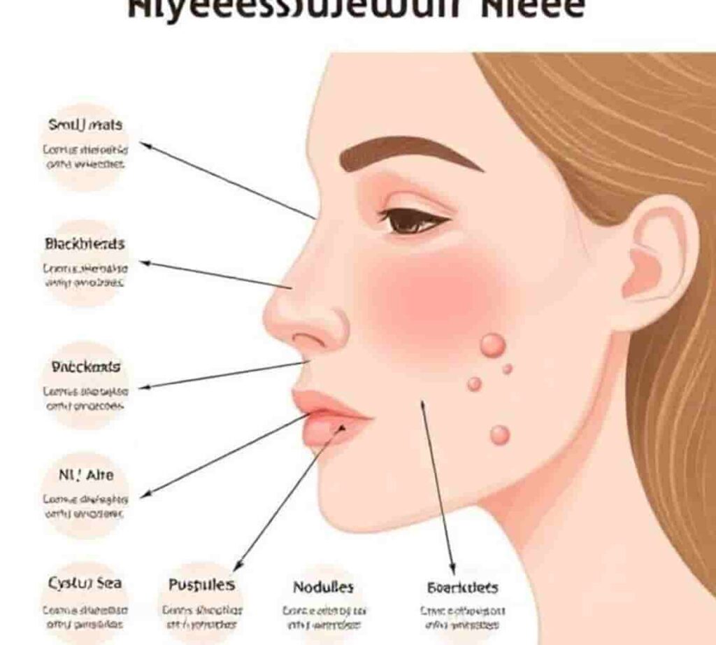 Illustration of different types of acne around nose including blackheads, whiteheads, papules, pustules, nodules, and cysts.