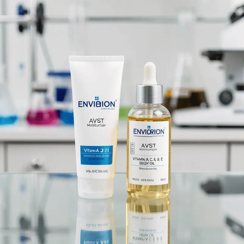 Environ AVST Moisturizer and ACE Oil Duo Close up of Environ AVST Moisturizer pump bottle and ACE Oil for enhanced hydration.