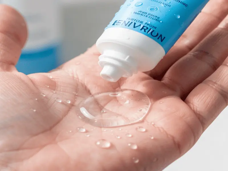 Environ Sebuwash Gel Cleanser A person dispensing Environ Sebuwash Gel Cleanser into their palm showing the clear gel texture