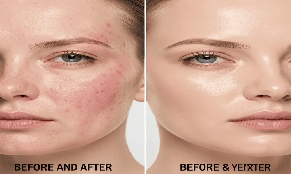 Skin Texture Improvement with Vitamin A Split screen showing rough, dull skin texture vs. smooth, glowing skin after using Environ Step-Up system.