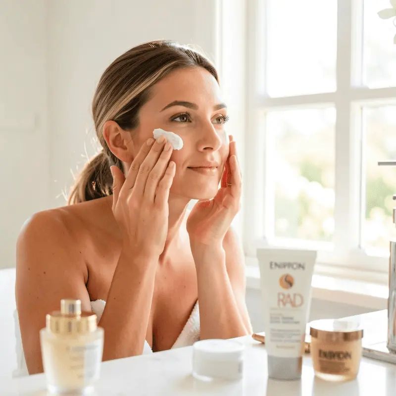 Environ RAD Sunscreen and Protection Environ RAD SPF sunscreen being applied to the face for UV protection.