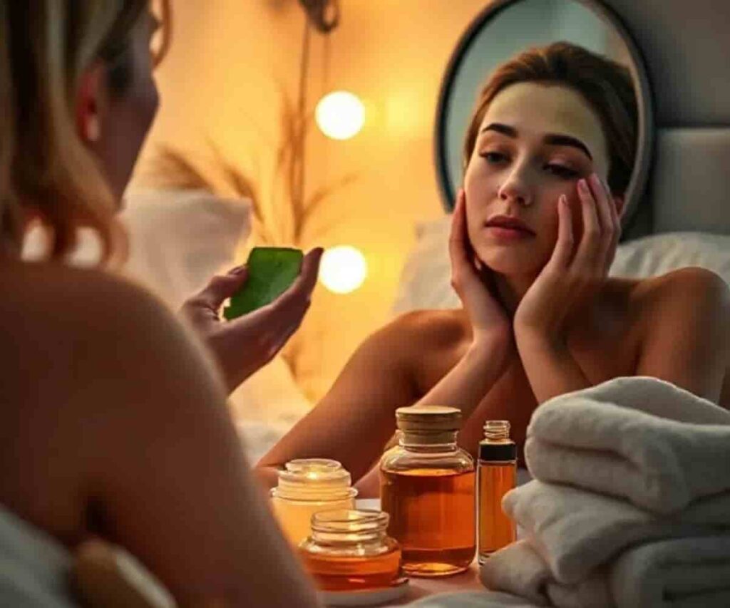 Night skincare routine for acne scar healing using aloe vera, honey mask, vitamin E oil, and natural remedies for glowing skin