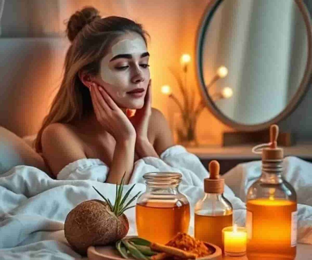 Natural remedies for acne scars including aloe vera, honey, turmeric, coconut oil, lemon, and rosehip oil for glowing and smooth skin