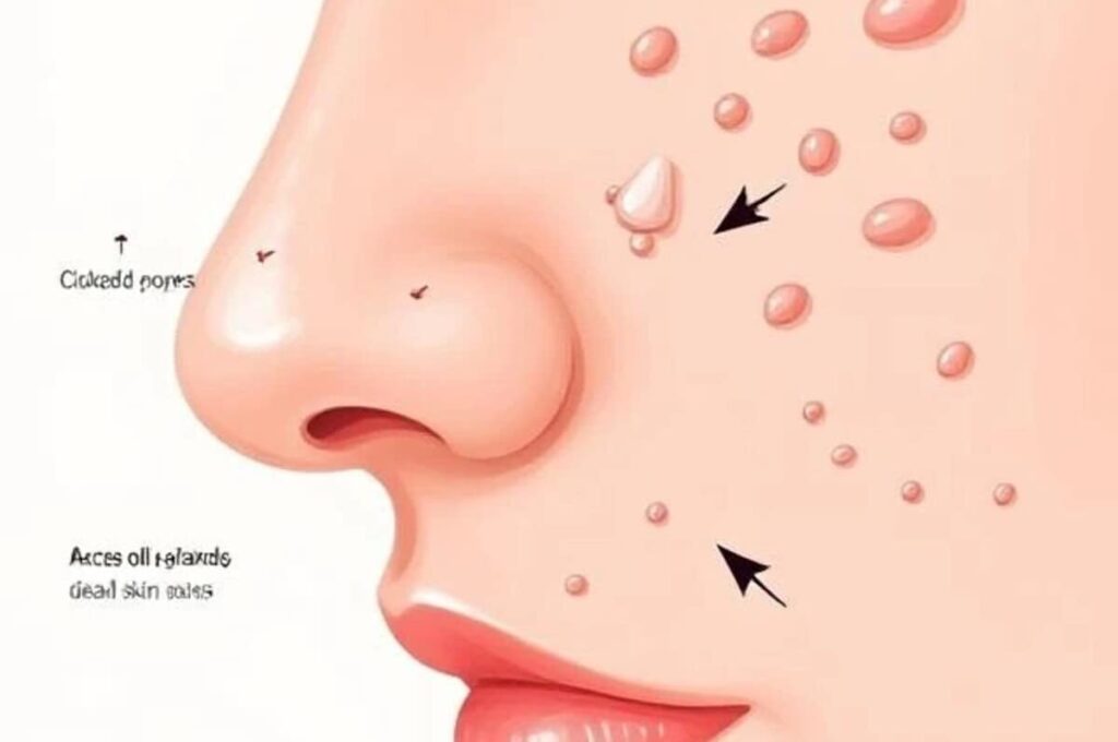 Illustration showing the main causes of acne around nose including oil, bacteria, and clogged pores.