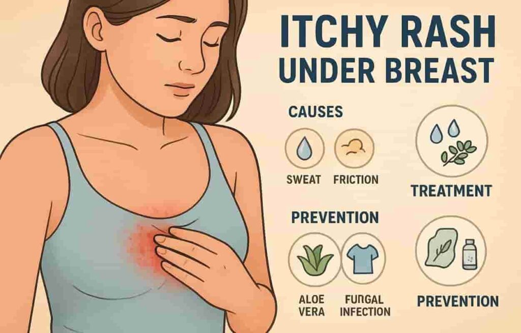 Illustration of a woman with an Itchy Rash Under Breast showing causes, treatment, and prevention tips.