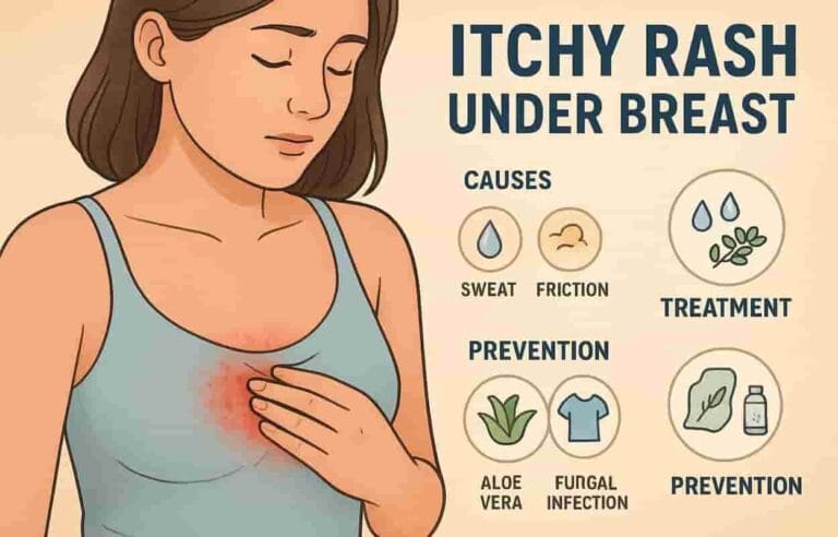 Illustration of a woman with an Itchy Rash Under Breast showing causes, treatment, and prevention tips.