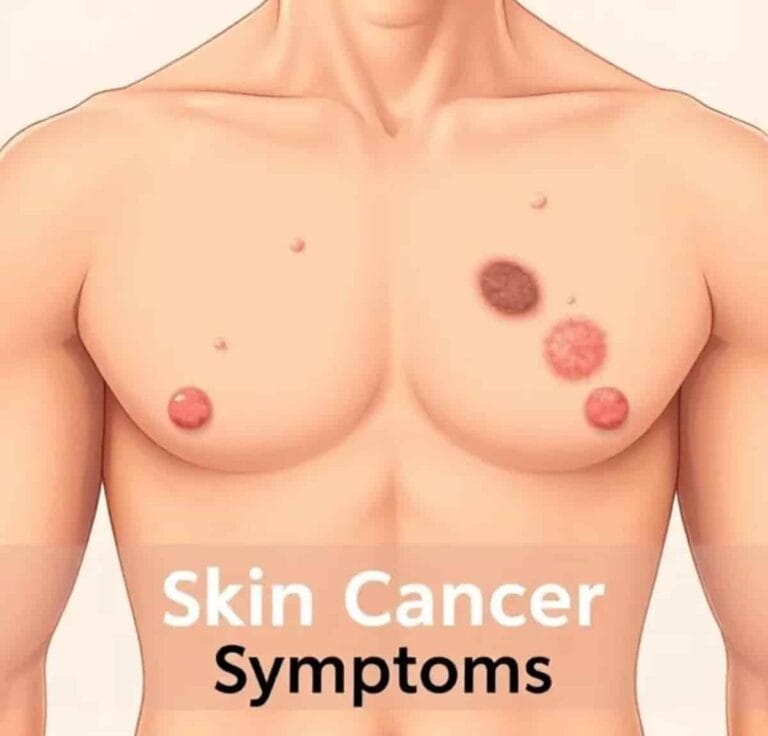 Close-up of human skin showing itchy skin cancer symptoms including red patches, scaly lesions, and dark moles. Early signs, causes, and treatment of itchy skin cancer.