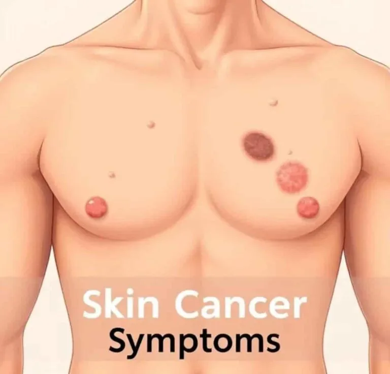 Close-up of human skin showing itchy skin cancer symptoms including red patches, scaly lesions, and dark moles. Early signs, causes, and treatment of itchy skin cancer.