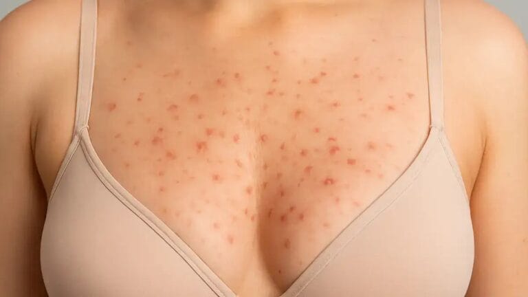 Clogged pores on breasts showing small bumps and blocked hair follicles