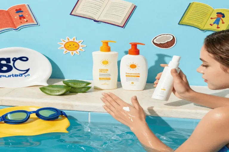 Skin and hair care for swimmers applying sunscreen and hair protection products near a swimming pool in 2025