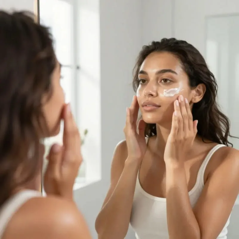 A woman applying a clear gel sunscreen that doubles as a makeup-gripping primer