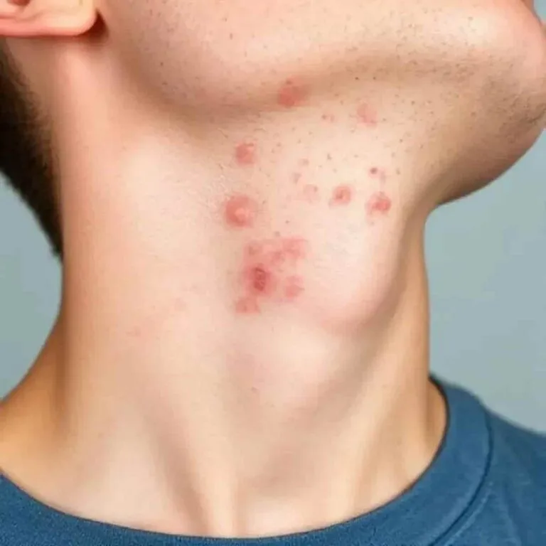 Close-up of an itchy rash on neck showing redness, bumps, and irritation. Medical reference image for causes, symptoms, and treatment.