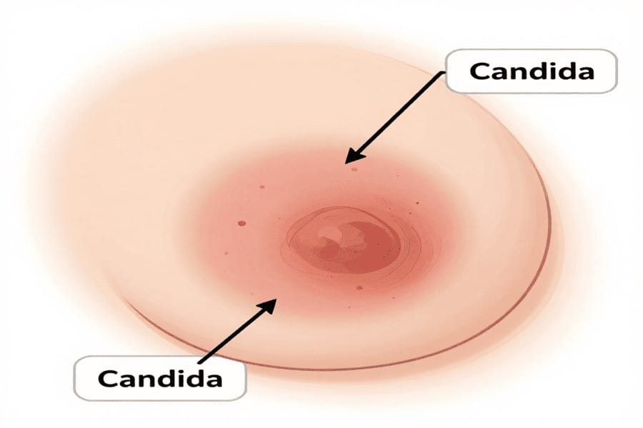 Red inflamed fungal rash under breast caused by Candida yeast infection