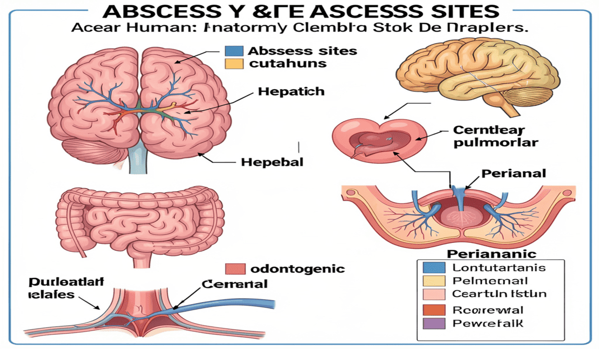 Types of abscesses in different body parts medical diagram