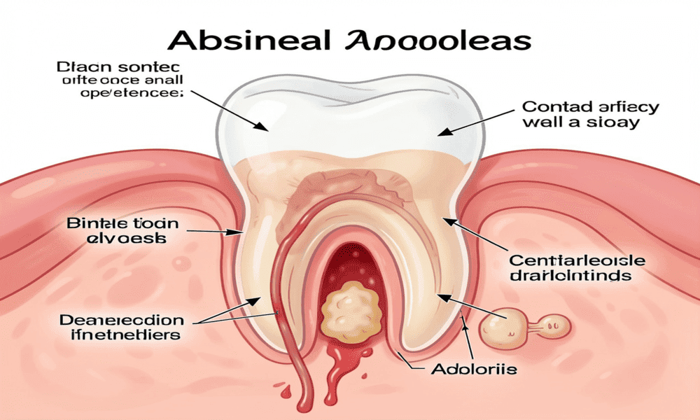 Dental abscess illustration showing infected tooth root, gum swelling, pus pocket, dental X-ray style