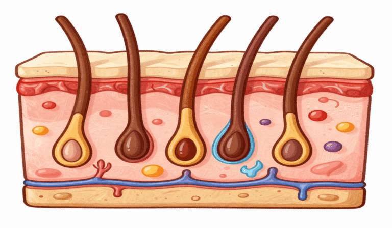 Detailed diagram of human skin histology showing epidermis, dermis, hypodermis, hair follicles, sweat glands, sebaceous glands, blood vessels, and nerve endings for healthy skin education