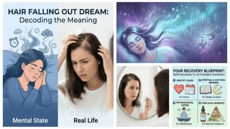 Comparison graphic of a hair falling out dream mental state versus real-life hair loss symptoms with bold title text.