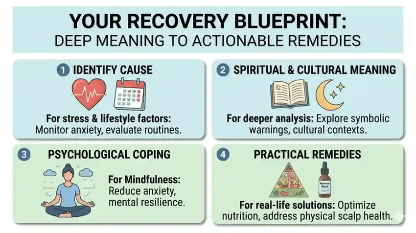 Infographic showing a 4-step recovery blueprint for hair falling out dream meanings and practical remedies.