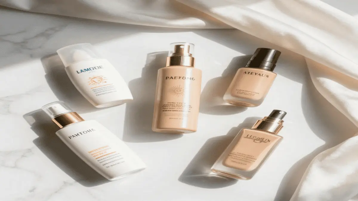 A flat lay of luxury sunscreens and foundation bottles on a marble surface with soft sunlight