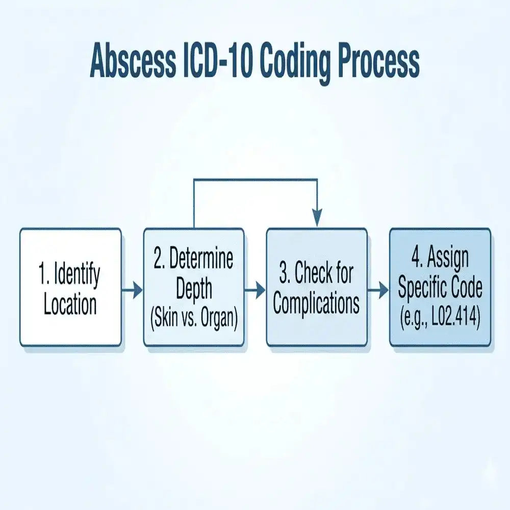 Professional infographic flowchart explaining how to select the most accurate Abscess ICD 10 Code