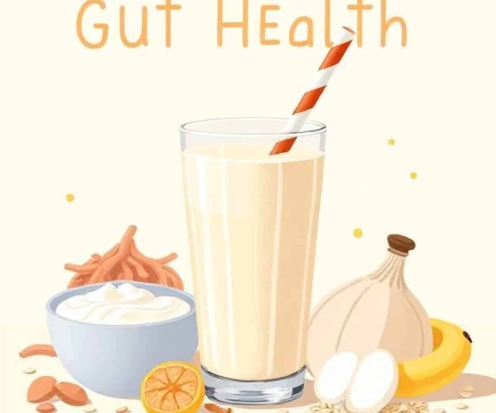 Protein Shake Gut Health Support with yogurt, kimchi, sauerkraut, bananas, and oats.
