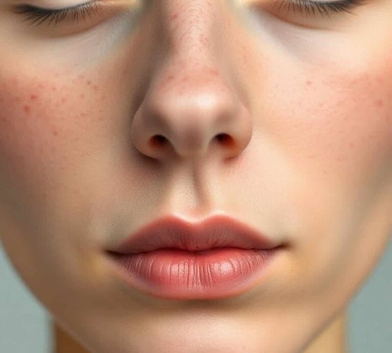 Close-up of acne around nose with visible pimples and redness.