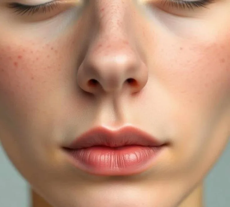 Close-up of acne around nose with visible pimples and redness.