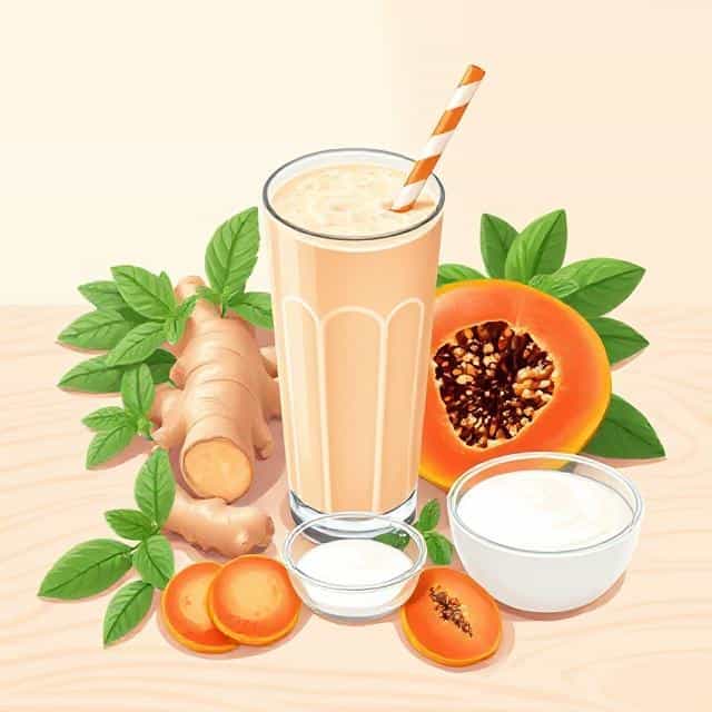 Protein Shake Stomach Ache Remedy with ginger, peppermint, papaya, and probiotics for natural stomach ache relief.papaya, and probiotics for natural stomach ache relief.