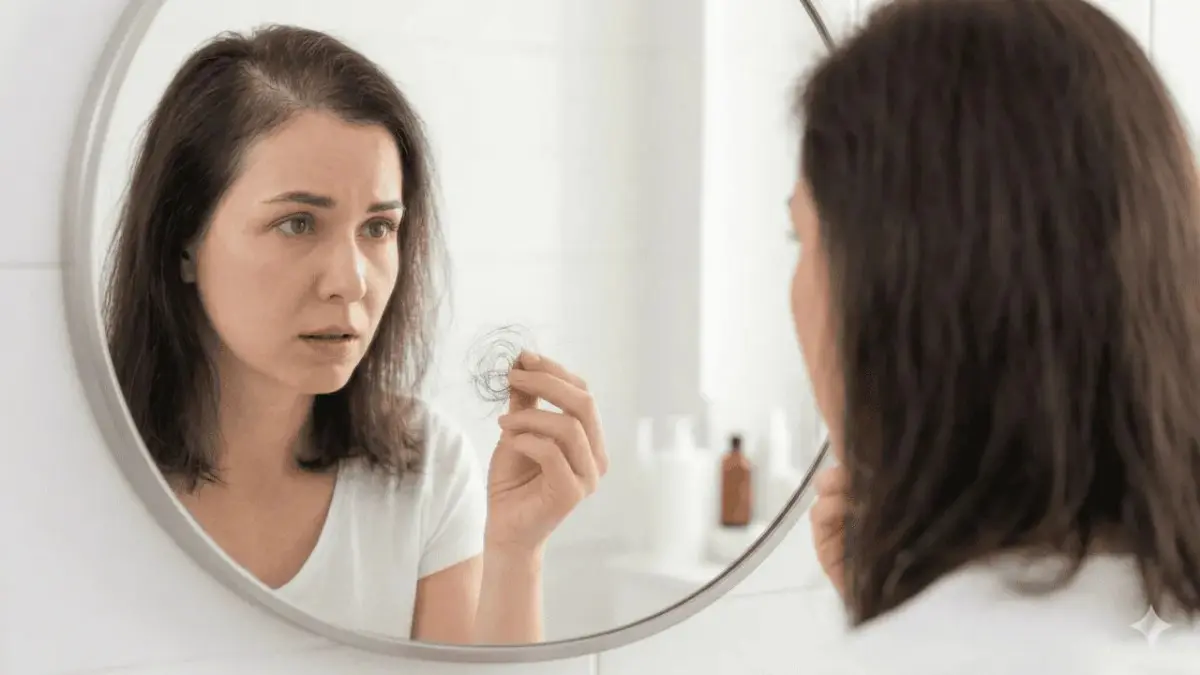 Woman examining her scalp and a clump of fallen hair in a mirror, representing the physical reality of a hair falling out dream.