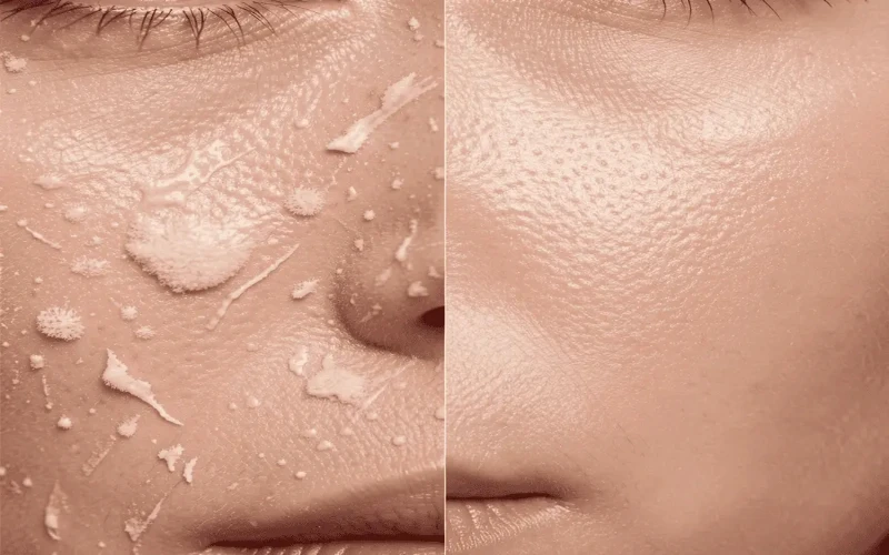 Split screen showing textured foundation pilling versus a smooth, airbrushed finish
