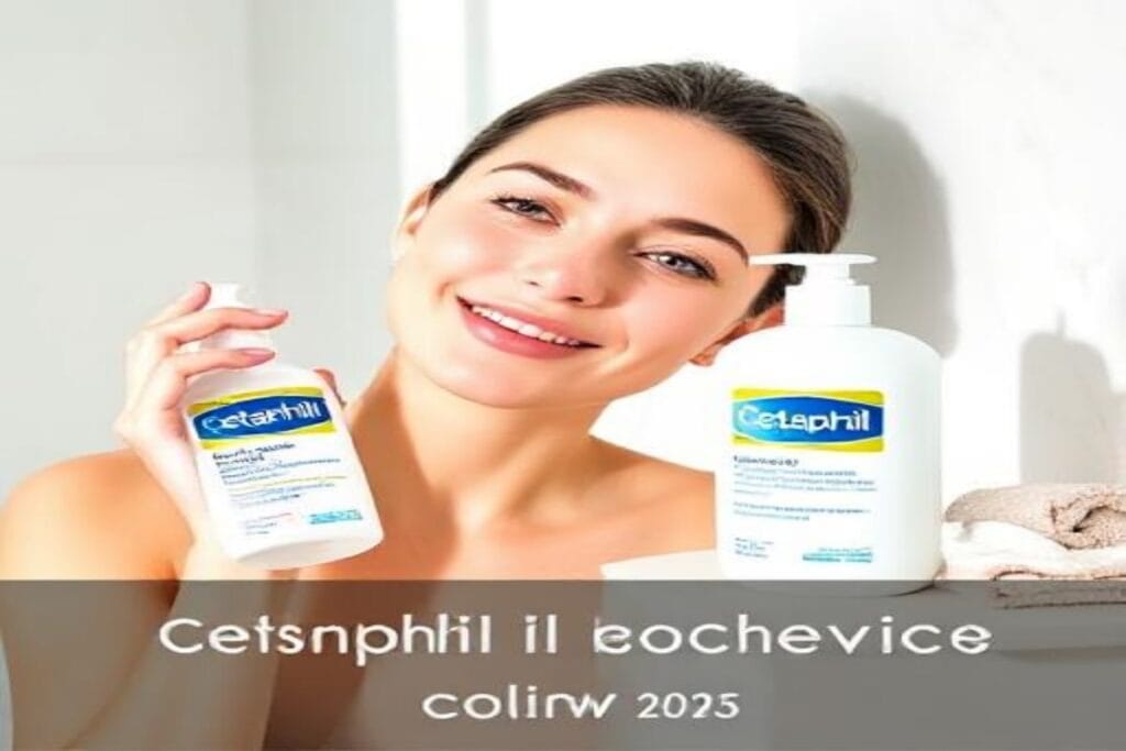 Cetaphil Gentle Skin Cleanser bottle with a young woman applying it on her face, showing gentle skincare routine for sensitive skin