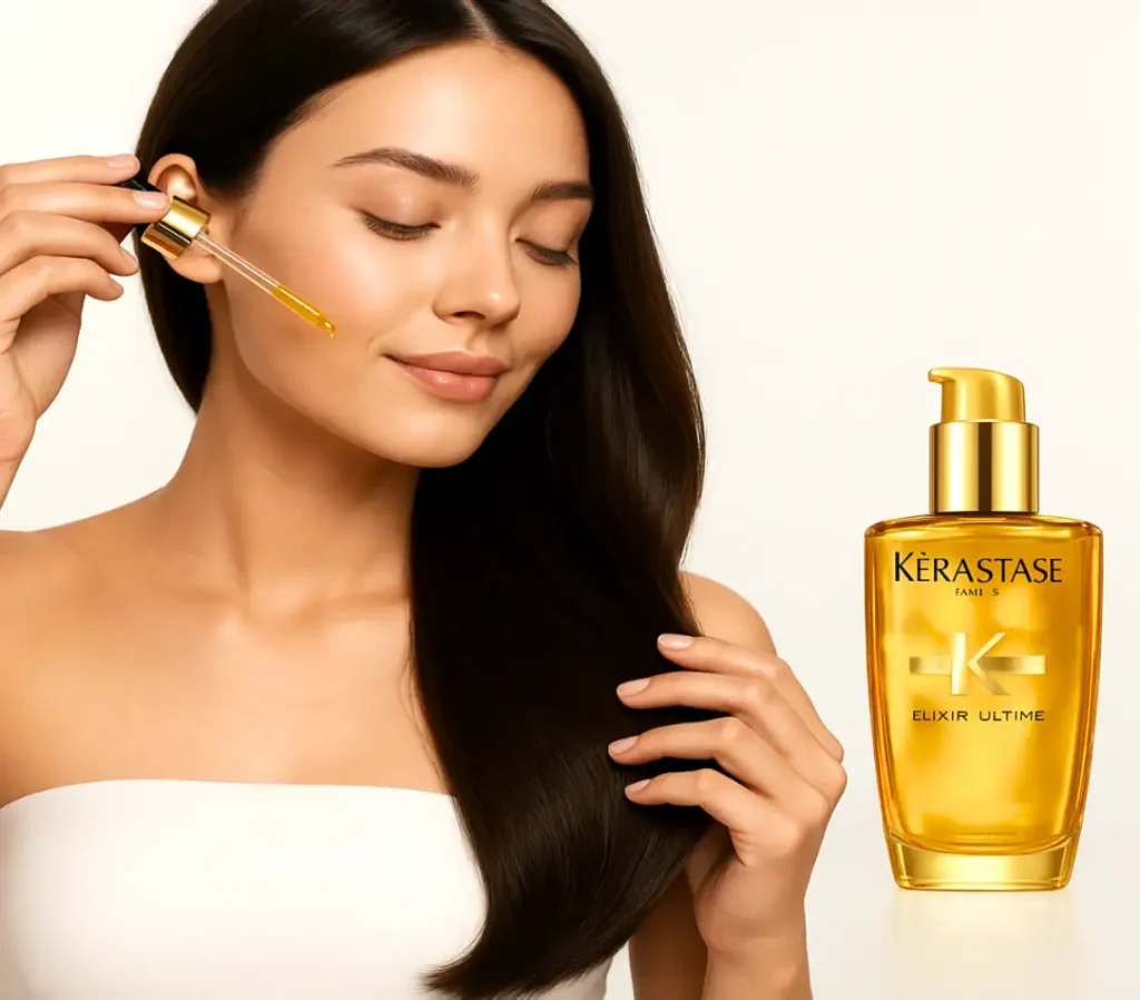A beautiful woman applying Kerastase Hair Oil to her smooth, shiny hair with the product bottle placed in front, highlighting the best solution for dry and damaged hair.