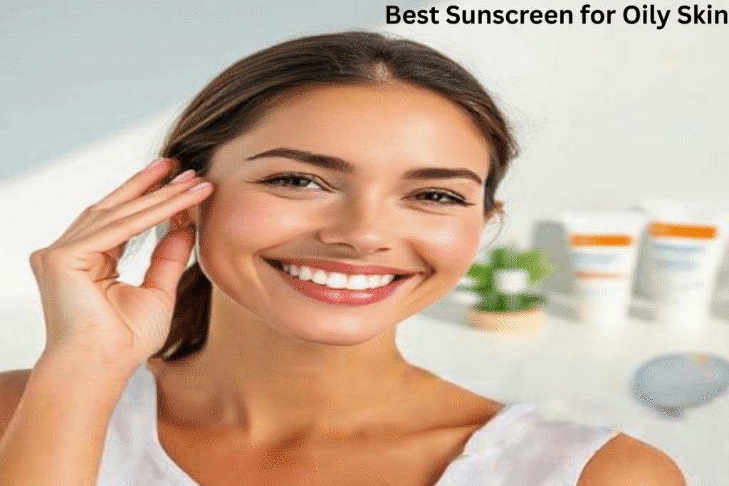 A smiling young woman with glowing, oil-free skin applying sunscreen to her face, surrounded by top sunscreen brands like La Roche-Posay, Neutrogena, CeraVe, and Eucerin, on a bright, clean background — representing the best sunscreens for oily skin in the USA and UK in 2025.