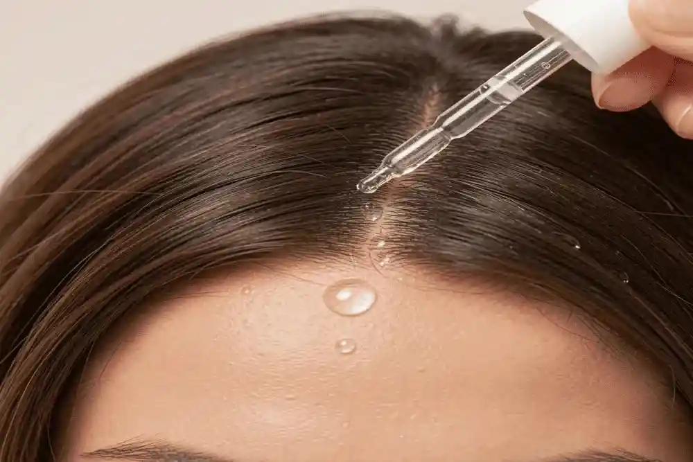 A woman demonstrating how to apply Kerastase Anti Hair Fall Serum directly to the scalp for hair growth.