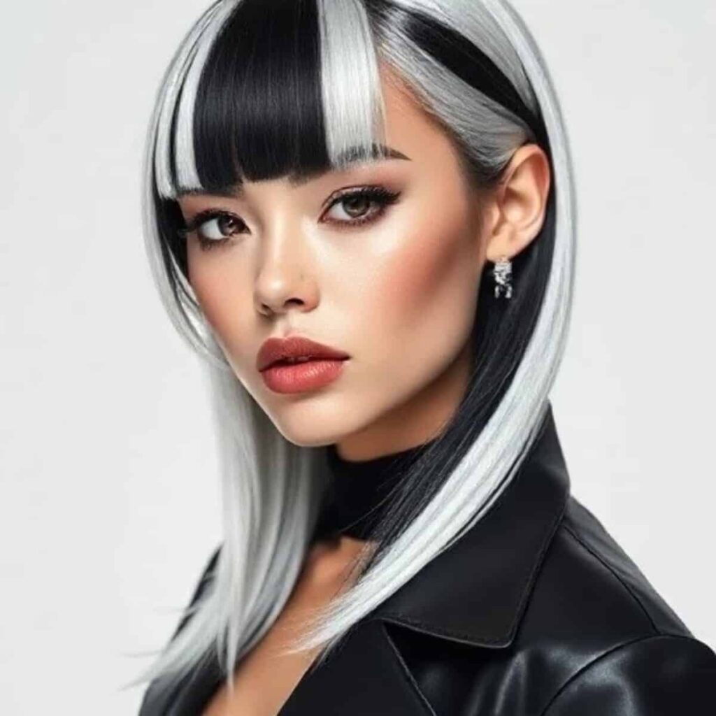 A fashionable woman with black and white hair, half-and-half style, modern hairstyle inspiration for 2025