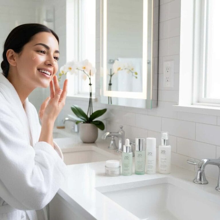 Woman applying ZO Skin Health products for skin barrier repair
