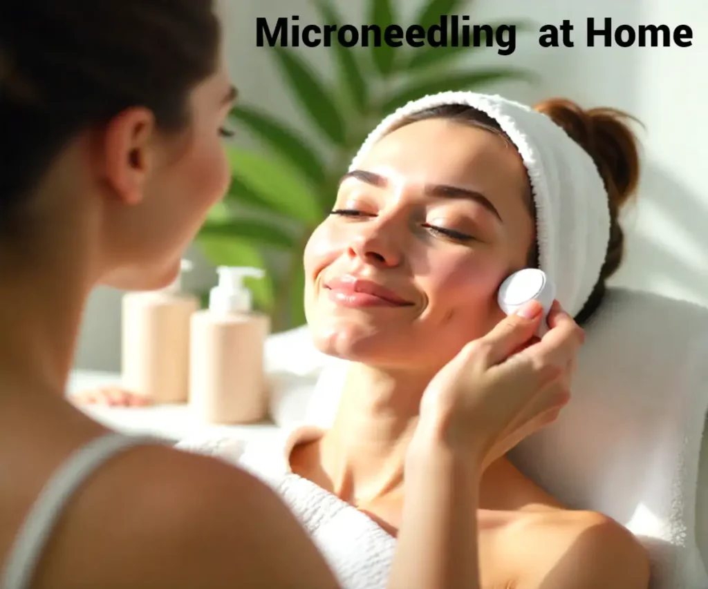 Person performing microneedling at home using a professional skincare device with serums and towels, promoting safe and effective facial treatment.