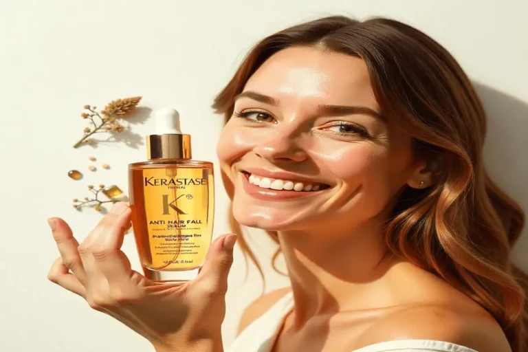Kerastase Anti Hair Fall Serum bottle with natural ingredients and beautiful woman showing long, healthy, shiny hair