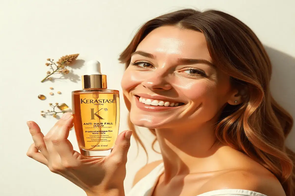 Kerastase Anti Hair Fall Serum bottle with natural ingredients and beautiful woman showing long, healthy, shiny hair