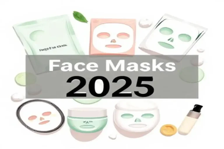 Flat lay of face masks 2025 including sheet masks, clay masks, cream masks, and peel-off masks on a pastel background for skincare blog