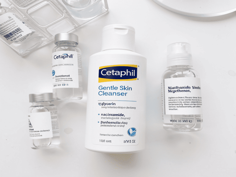 Cetaphil Gentle Skin Cleanser key ingredients laid out: glycerin, niacinamide, panthenol, water.
