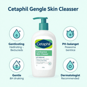 Infographic highlighting benefits of Cetaphil Gentle Skin Cleanser: gentle, hydrating, pH-balanced, dermatologist approved.