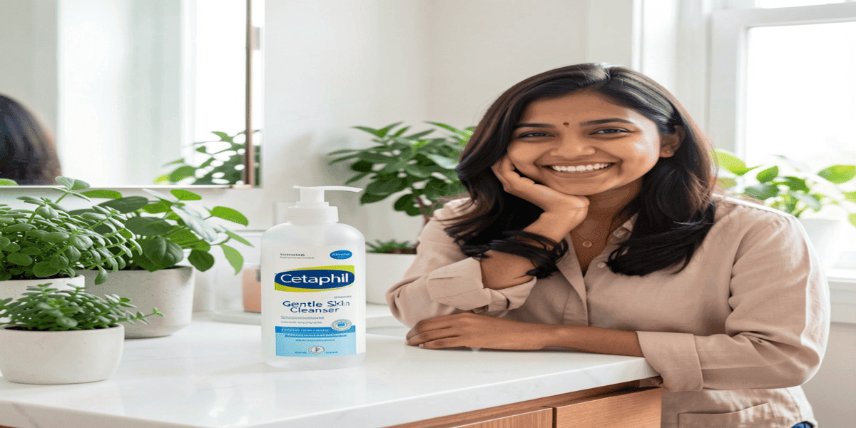 Cetaphil Gentle Skin Cleanser bottle on bathroom counter with plants, representing gentle skincare