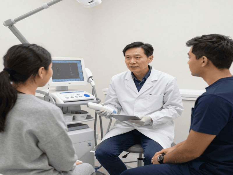 Patients consulting dermatologist for laser treatment for dark spots