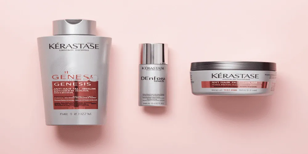 The full Genesis hair care range featuring the Kerastase Anti Hair Fall Serum, matching shampoo, and hair mask for reduced hair fall.