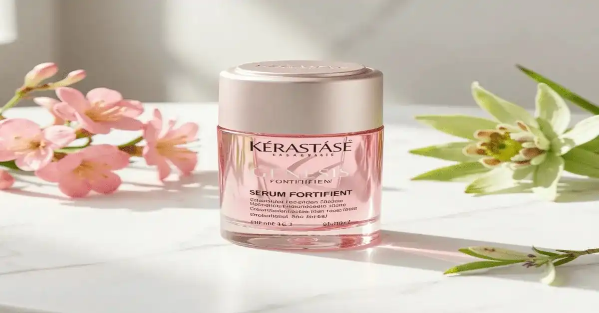 A luxury bottle of Kerastase Anti Hair Fall Serum displayed on a white marble surface for hair strengthening.