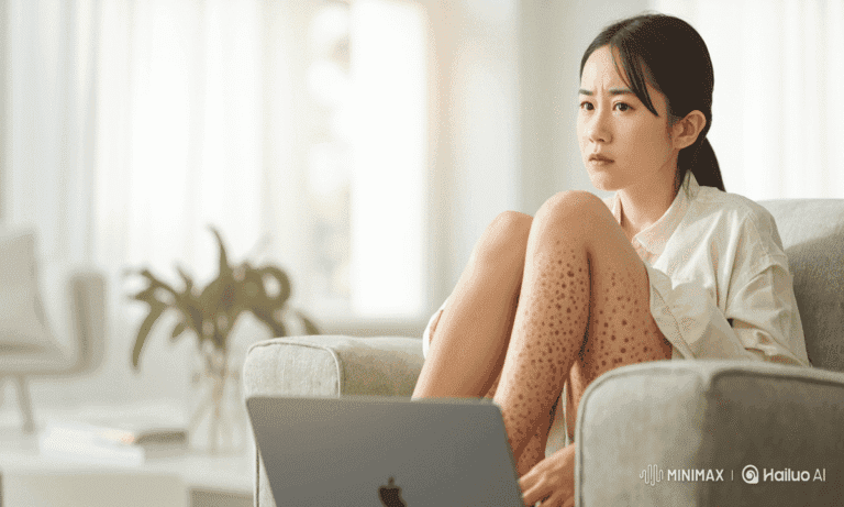 Young woman sitting with a laptop on her thighs, her face clearly visible, showing early signs of Toasted Skin Syndrome with a light net-like reddish-brown pattern on her legs.