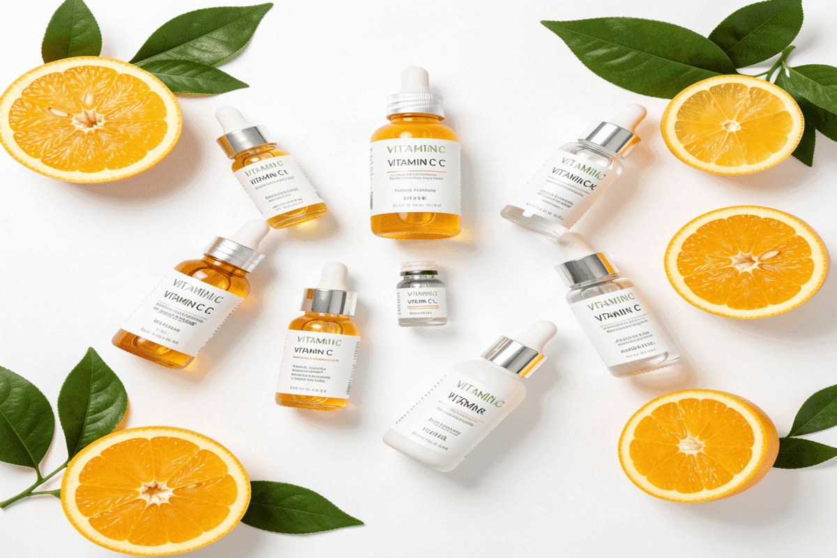 Best Vitamin C serums of 2025 arranged with citrus fruits for bright, even skin.